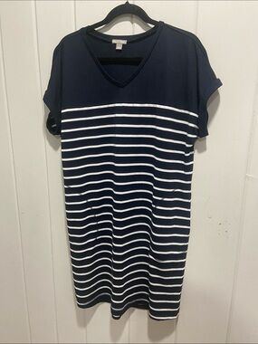 Falls Creek Navy & White Striped V-Neck Midi Dress